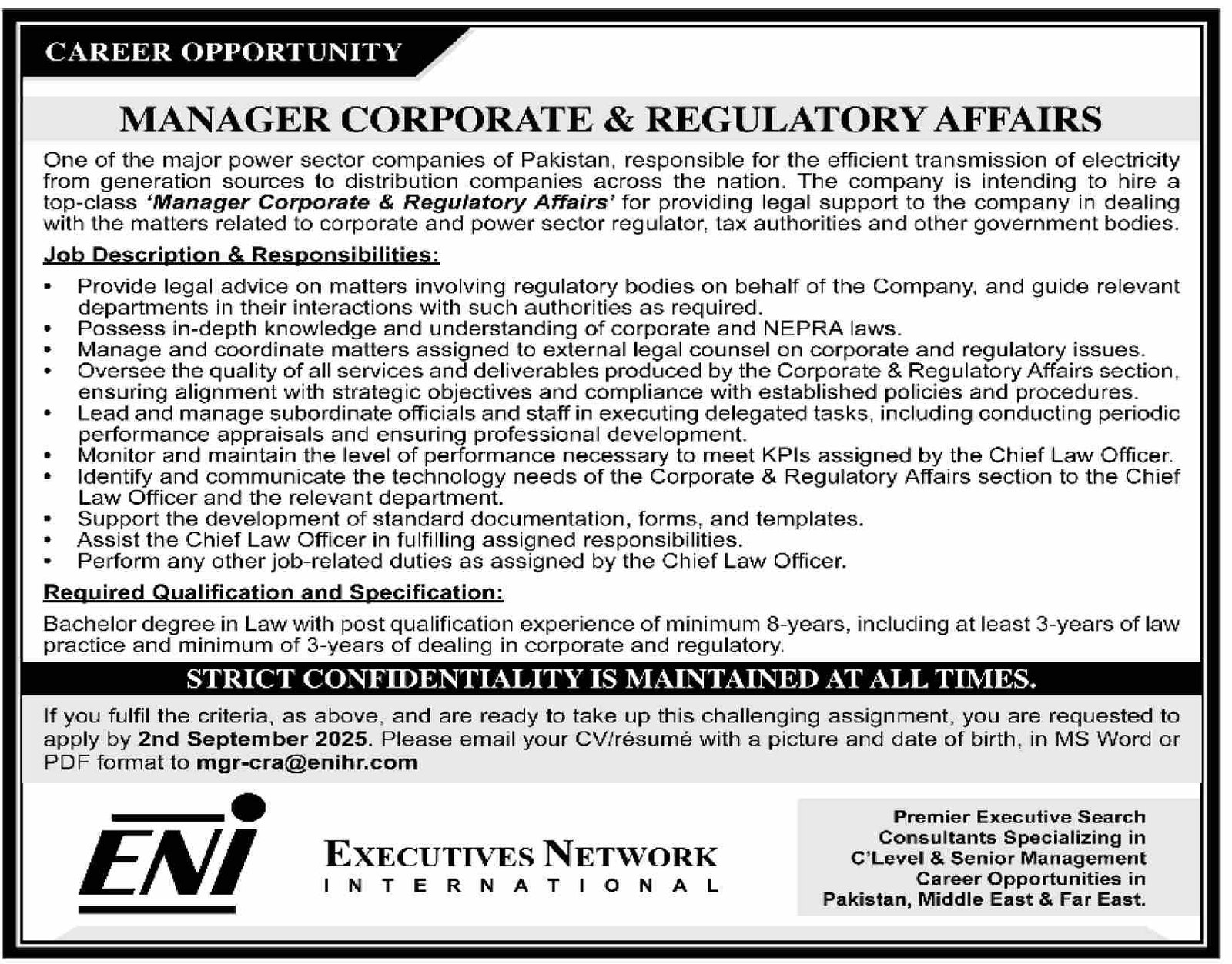 ⚡ Manager Corporate & Regulatory Affairs – Power Sector Career Opportunity