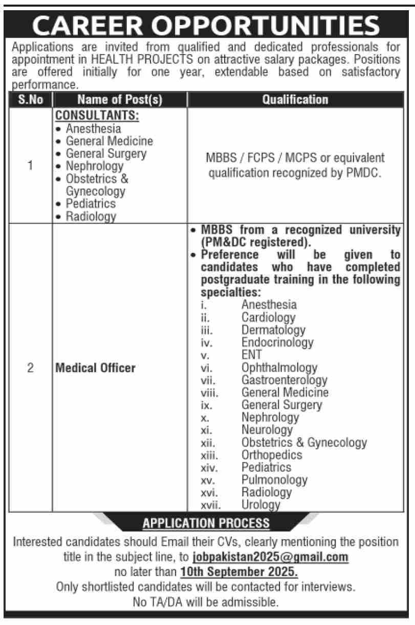 Career Opportunities in Health Projects – Apply Now