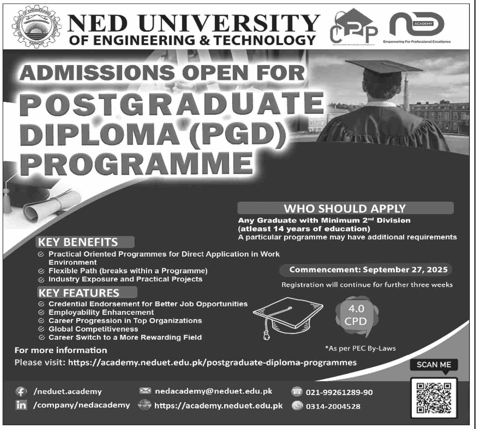 Admissions Open for Postgraduate Diploma (PGD) Programme at NED University 2025