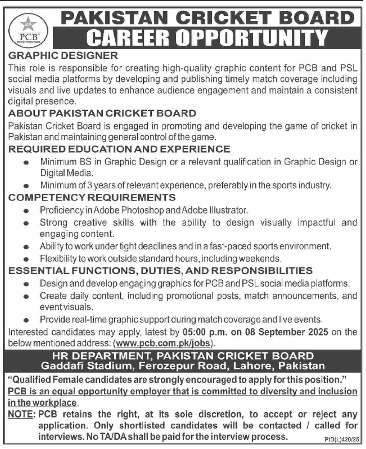 Graphic Designer Career Opportunity at Pakistan Cricket Board 2025