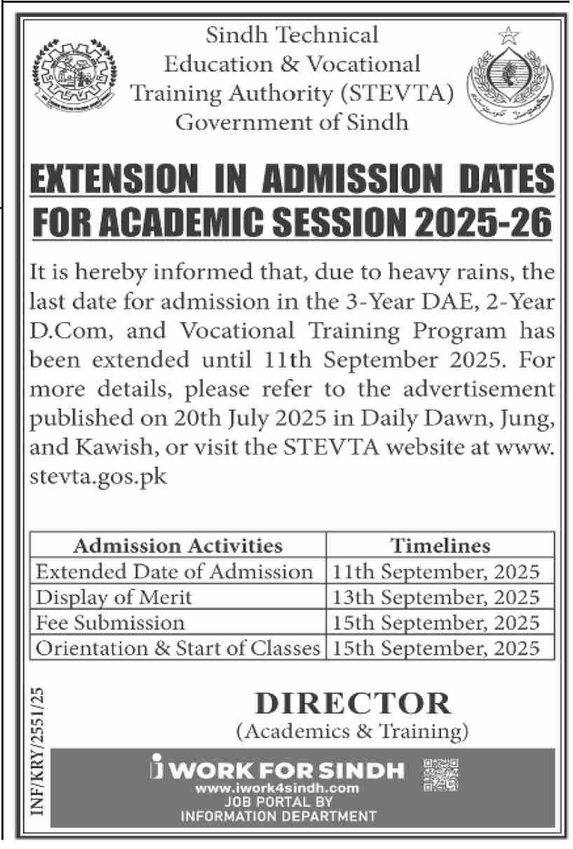 Extension in Admission Dates for STEVTA 2025-26: A Complete Guide