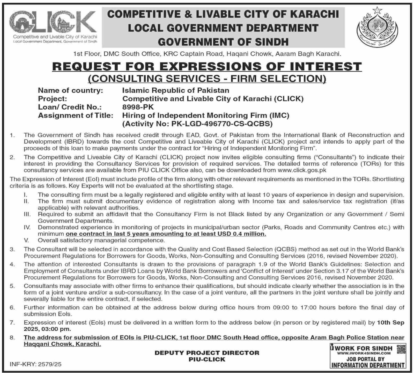 Request for Expressions of Interest (EOI) – Hiring of Independent Monitoring Firm (IMC) for Competitive & Livable City of Karachi (CLICK) Project