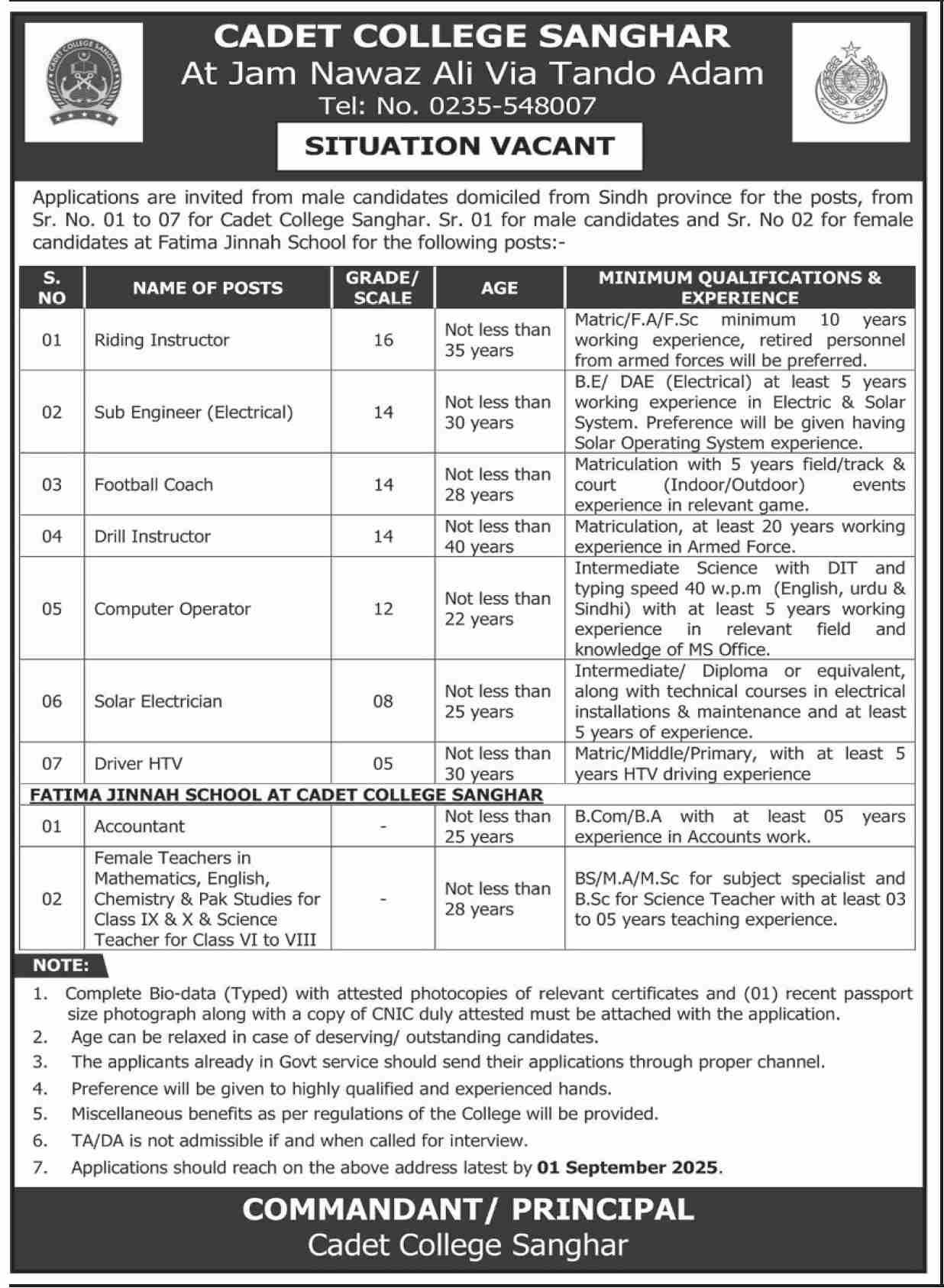 Latest Job Vacancies at Cadet College Sanghar Sindh – Apply Now (August 2025)