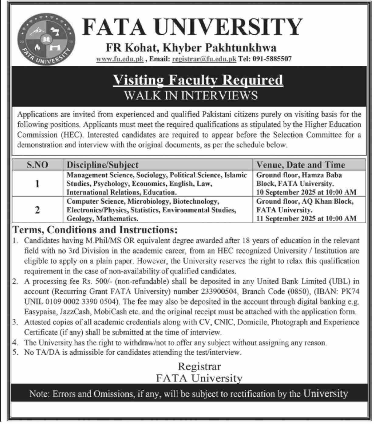 FATA University Visiting Faculty Jobs 2023 – Walk‑In Interviews for Multiple Subjects