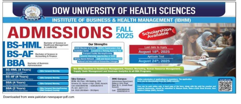 Dow University of Health Sciences (DUHS), Institute of Business & Health Management (IBHM) – Fall 2025
