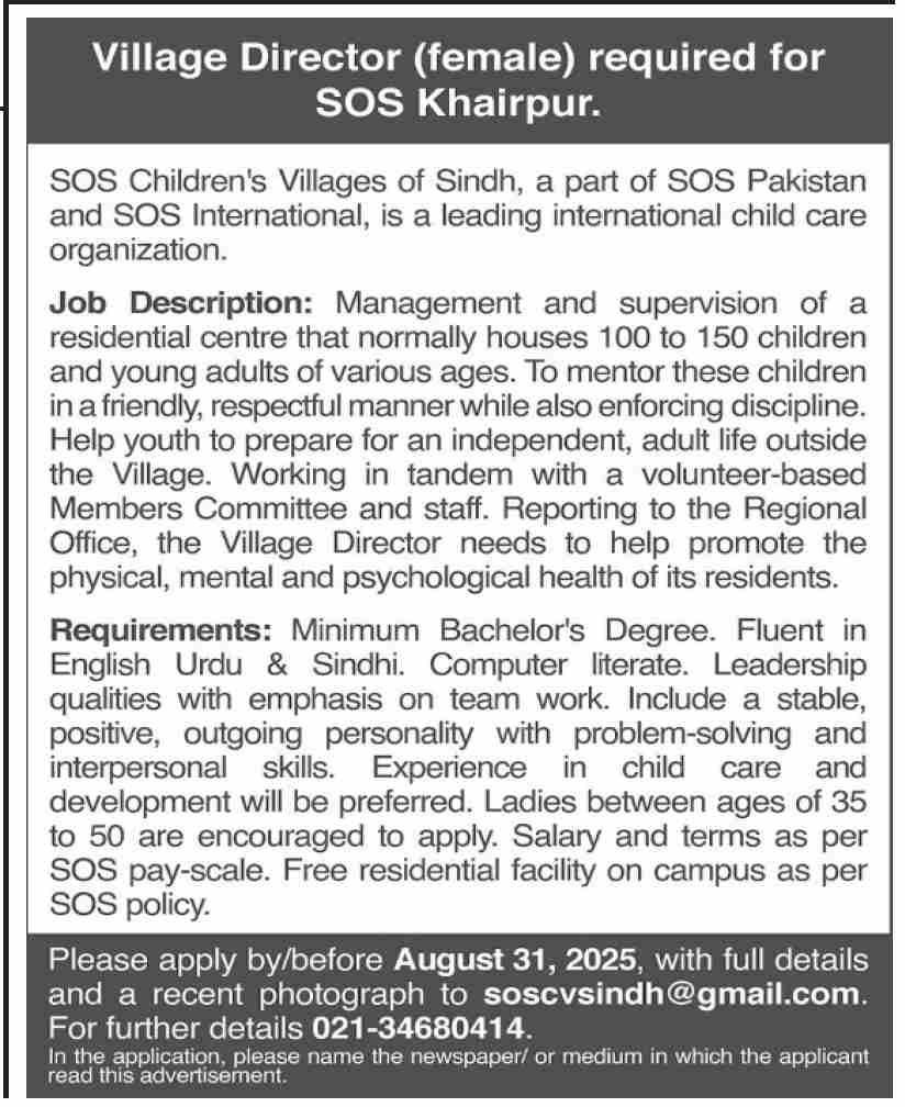 Lead SOS Khairpur: Village Director Role (Housing + Salary)
