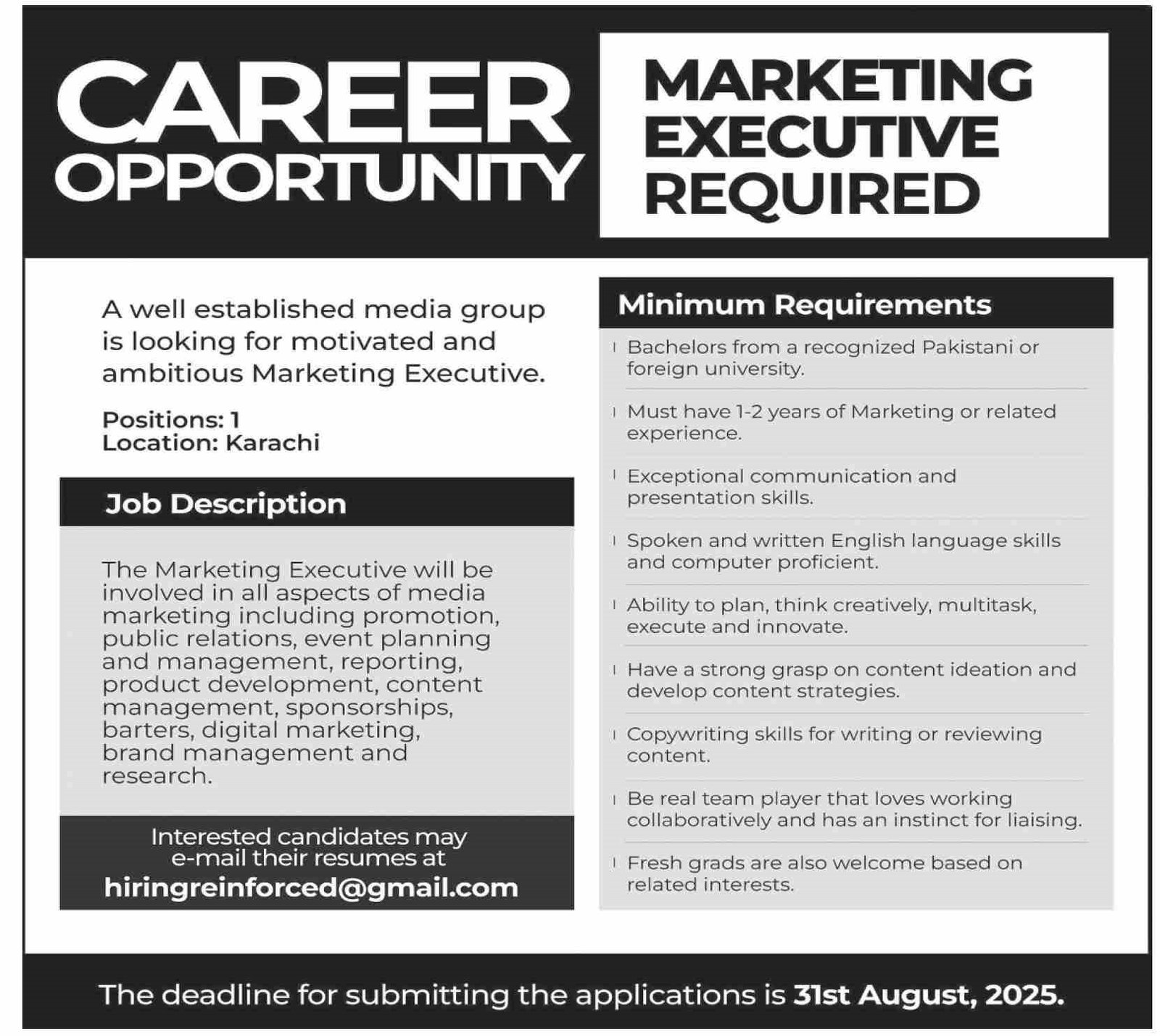 Launch your media marketing career in Karachi! A leading media group seeks a motivated Marketing Executive. Apply before August 31, 2025. Fresh graduates are encouraged to apply.