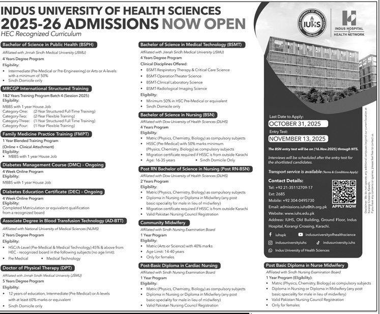 IUHS Admissions 2025 – Indus University of Health Sciences Opens Doors for Future Healthcare Leaders