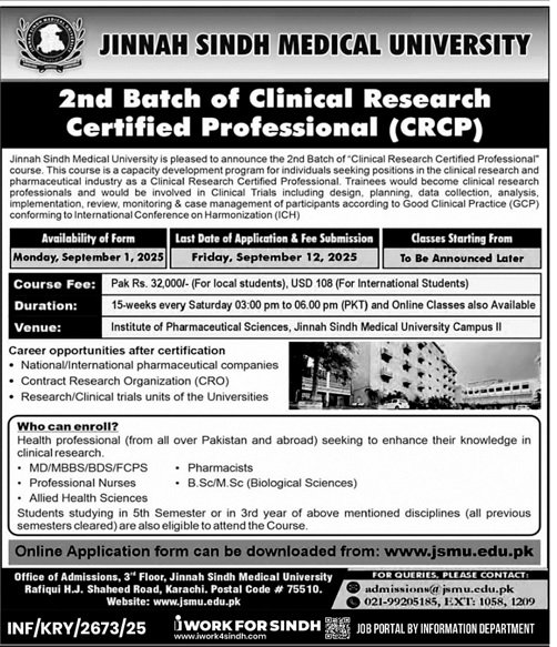 🎓 Clinical Research Certification Pakistan – Enroll in JSMU’s CRCP Program 2025