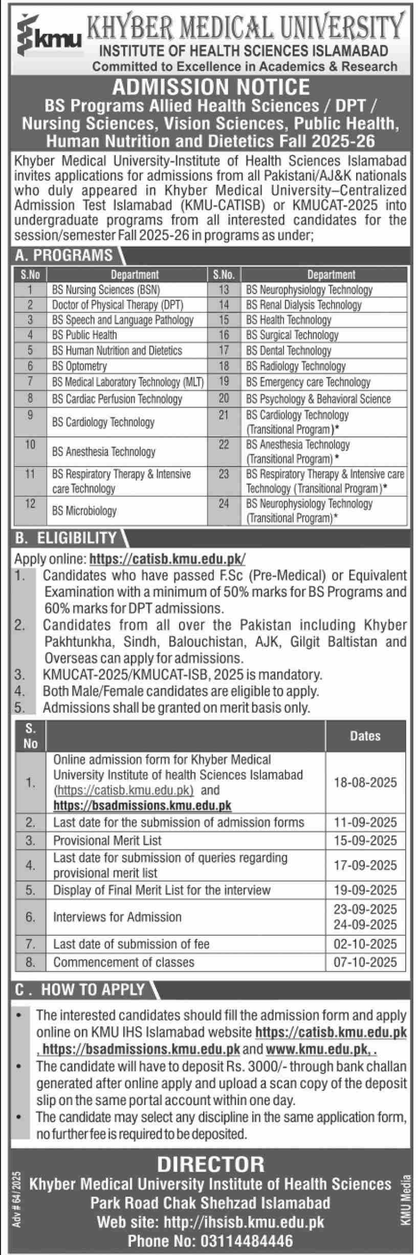 🎓 Admission Notice – Khyber Medical University, Institute of Health Sciences Islamabad (Fall 2025-26)