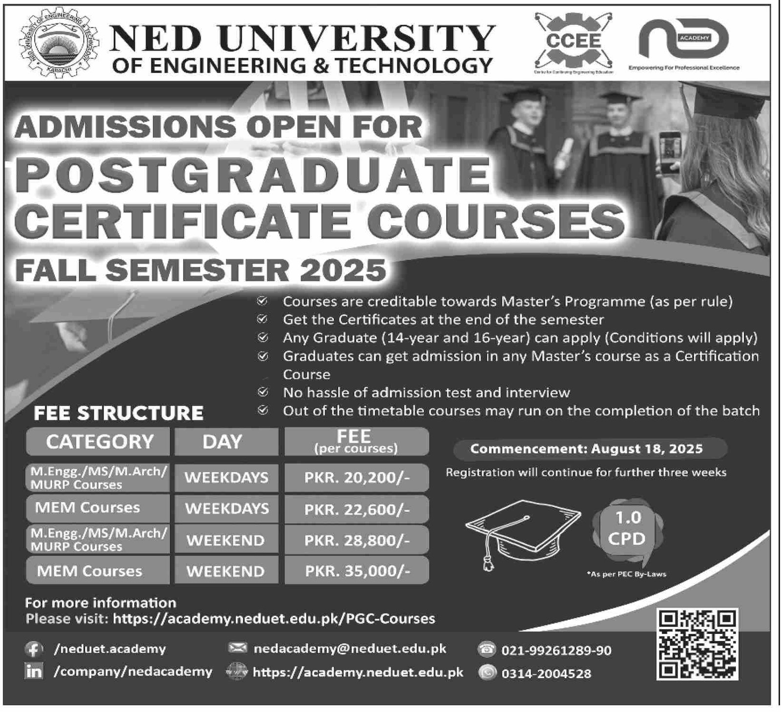 🎓 Admissions Open for Postgraduate Certificate Courses at NED University – Fall Semester 2025