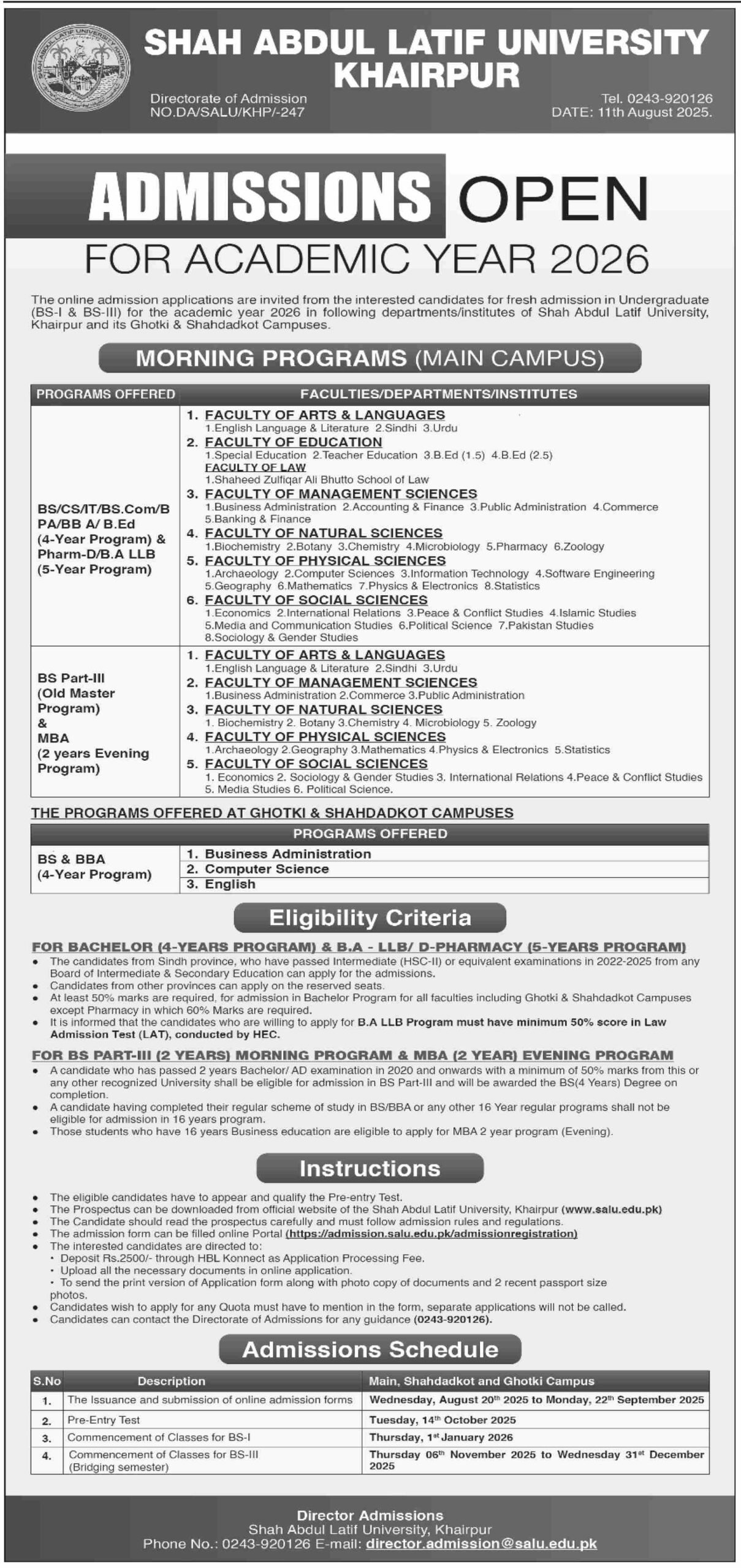 🎓 Admissions Open for 2026 at Shah Abdul Latif University, Khairpur