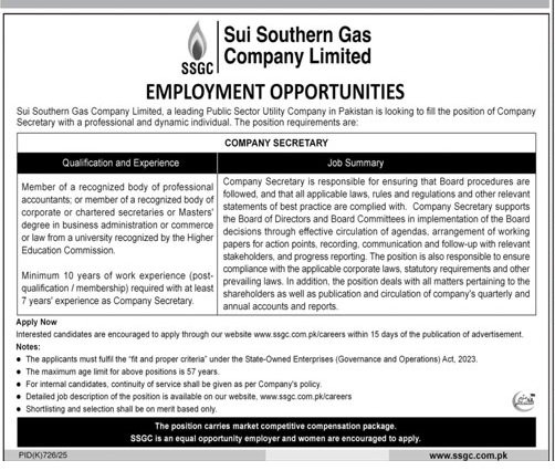 Sui Southern Gas Company Limited (SSGC) Jobs 2025 – Company Secretary Position | Apply Online