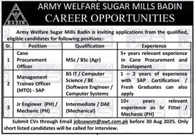 Army Welfare Sugar Mills Badin is hiring! Explore career opportunities for Procurement Officer, Trainee Officer SAP, and Fitter positions. Apply by August 30, 2025. Join a prestigious organization.