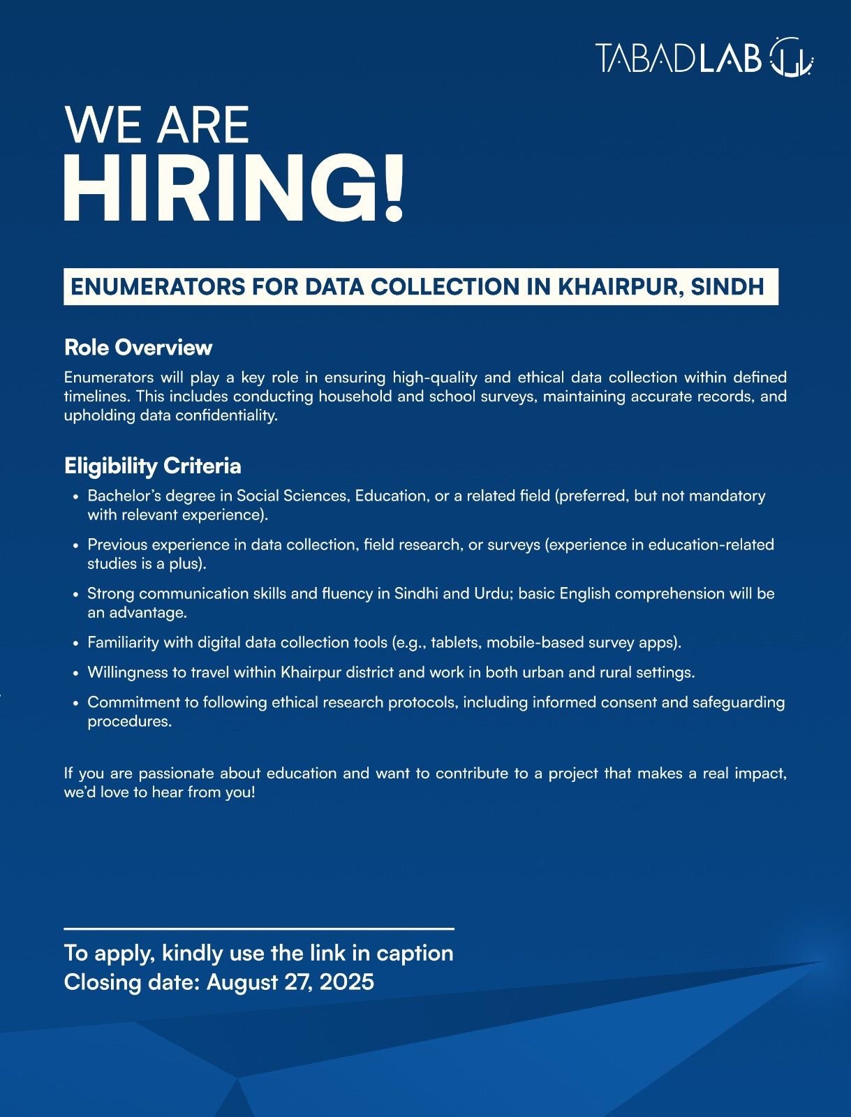 📢 Tabadlab is Hiring! – Enumerators for Data Collection in Khairpur, Sindh