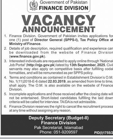 Finance Division Job 2025 – Apply for Director General (SPPS-I) Post in Pakistan’s Tax Policy Office