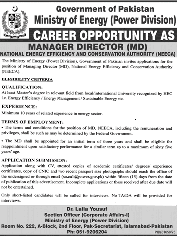 Prestigious Career Opportunity: Managing Director (MD) at Pakistan’s National Energy Efficiency and Conservation Authority (NEECA)