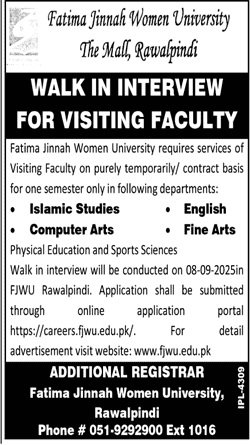 Visiting Faculty Positions Available at Fatima Jinnah Women University for Fall Semester Faculty Positions at Fatima Jinnah Women University – Apply Now
