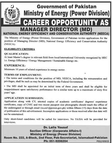 NEECA MD Jobs 2025 – Apply for Managing Director Position at Ministry of Energy, Pakistan