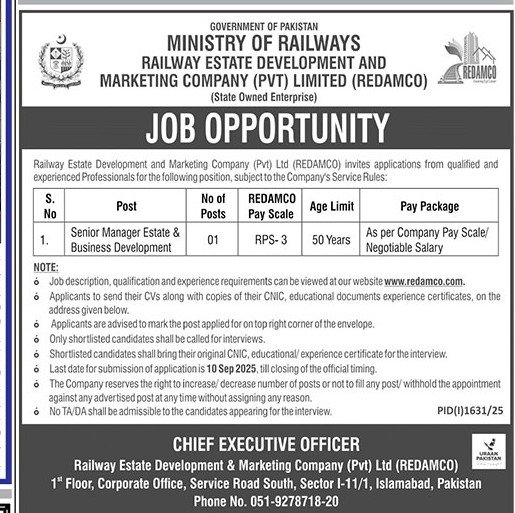Senior Manager Opportunity: Railway Estate Development & Marketing Company (REDAMCO) Islamabad