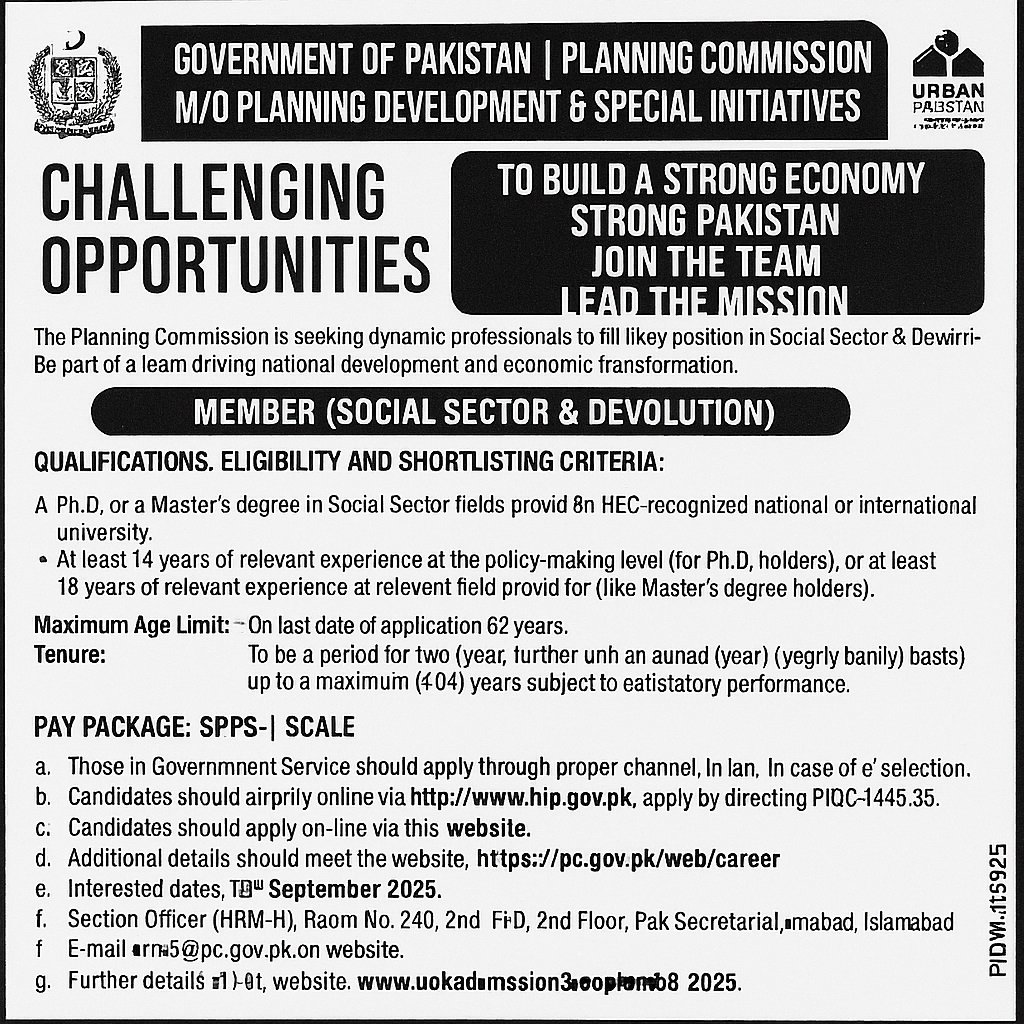 🏛 Government of Pakistan – Planning Commission Jobs 2025 (Member Social Sector & Devolution)