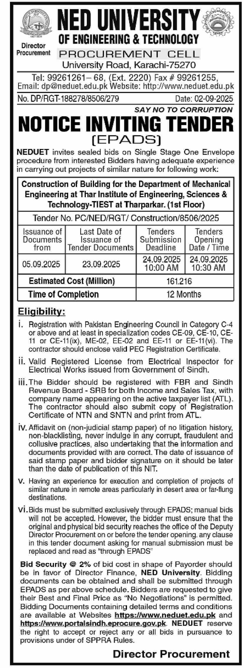 NED University Tender Notice 2025 – Construction of Mechanical Engineering Building at Thar Institute