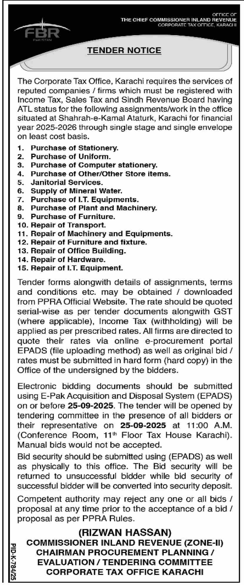 Tender Notice Corporate Tax Office Karachi – FBR Procurement Opportunities 2025