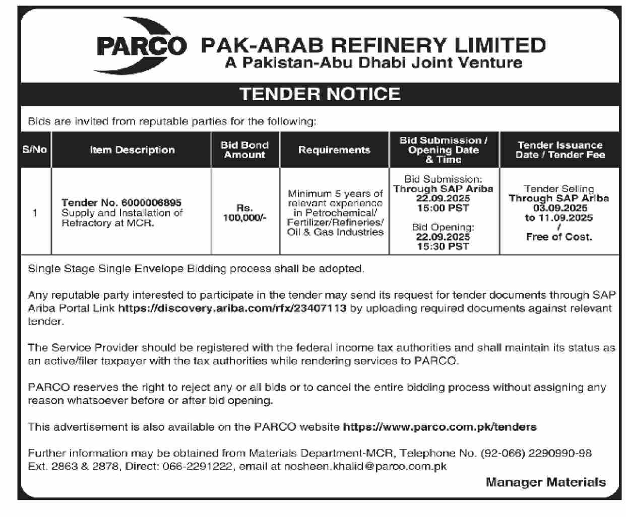 PARCO Tender 2025 – Supply & Installation of Refractory at MCR. Learn eligibility, deadlines, and bidding process. Submit your bid before 20 Sept 2025.