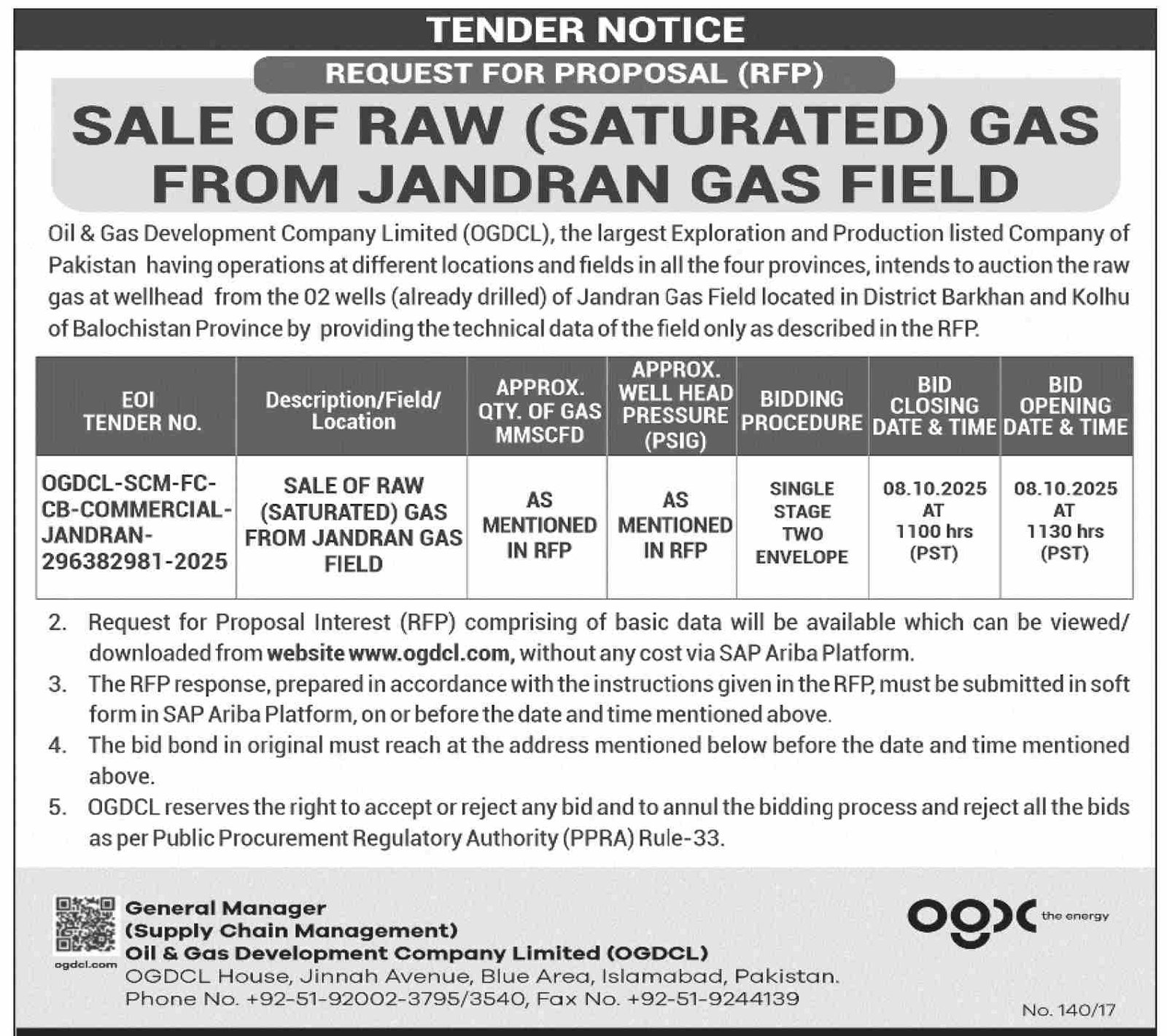 OGDCL Tender Notice 2025 – Sale of Raw Gas from Jandran Gas Field