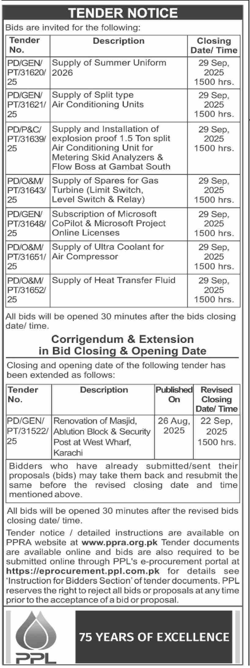 PPL Tender Notice: Latest Procurement Opportunities – September 2025