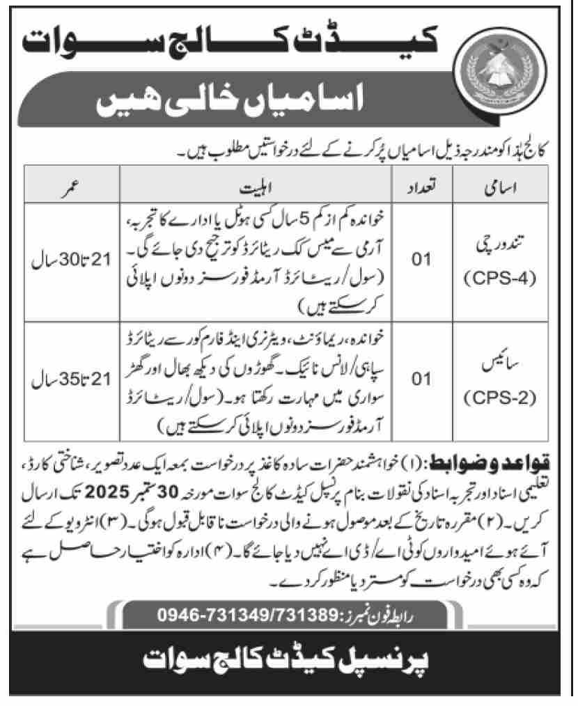Cadet College Swat Jobs 2025 – Latest Vacancies Announced