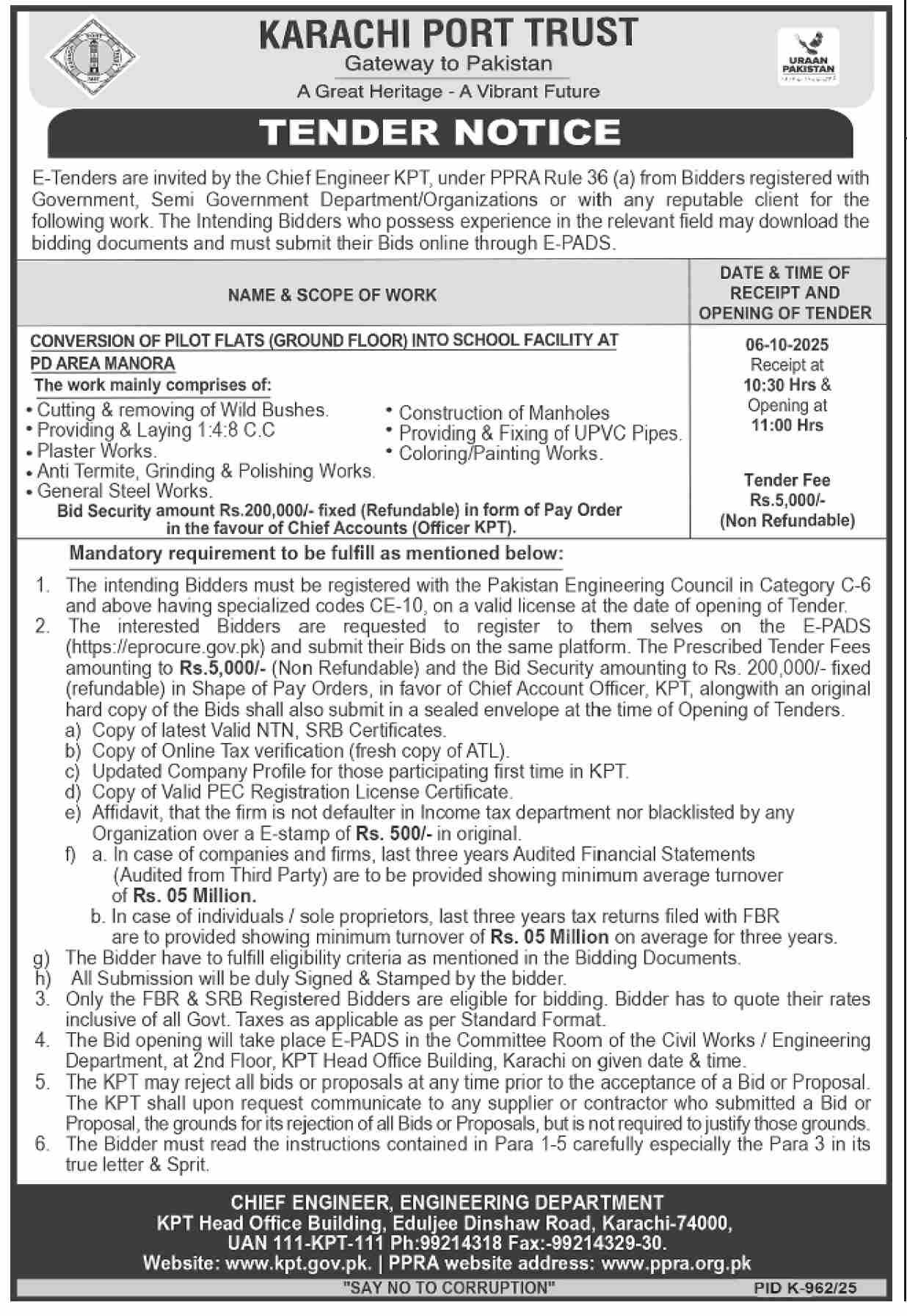 Karachi Port Trust Tender Notice 2025 – Conversion of Pilot Flats into School Facility