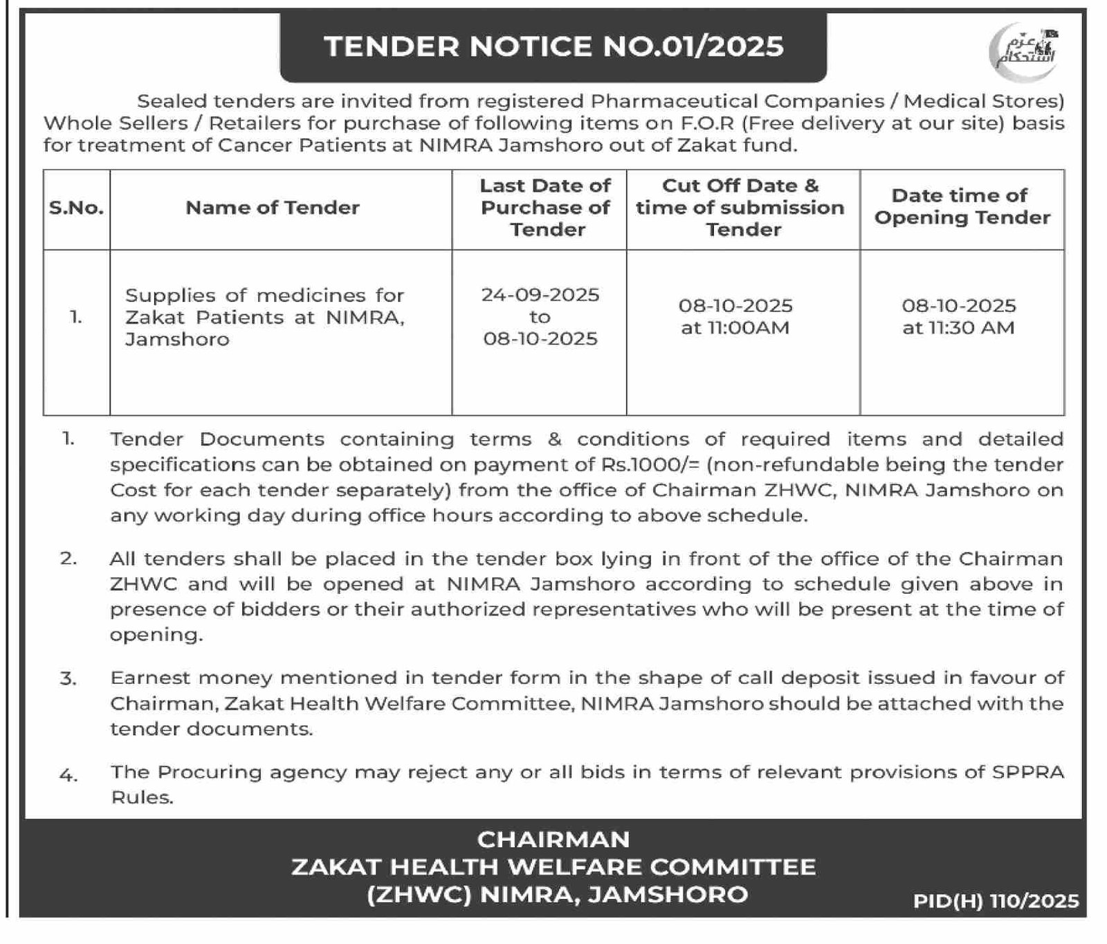 Tender Notice No. 01/2025: Supplies of Medicines for Zakat Patients at NIMRA, Jamshoro