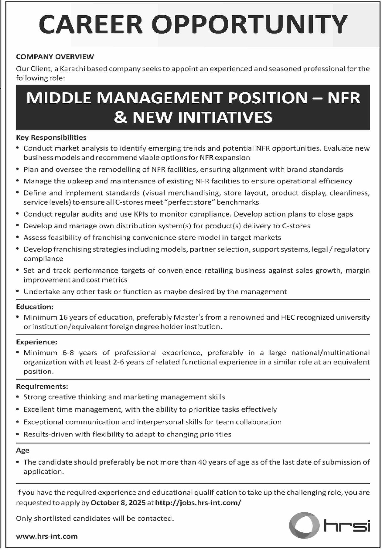 Career Spotlight: Middle Management Position – NFR & New Initiatives in Karachi
