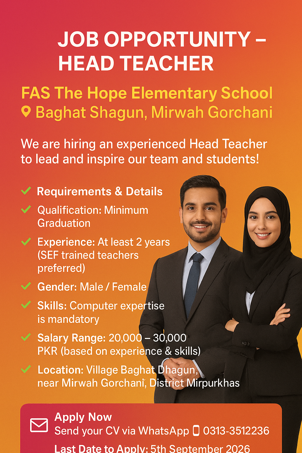📢 FAS The Hope Elementary School Baghat Shagun &ndash; Head Teacher Job Opportunity 2026