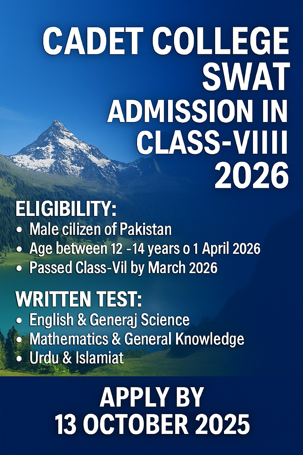 Cadet College Swat Admission 2026 – Apply for Class-VIII Entry Now