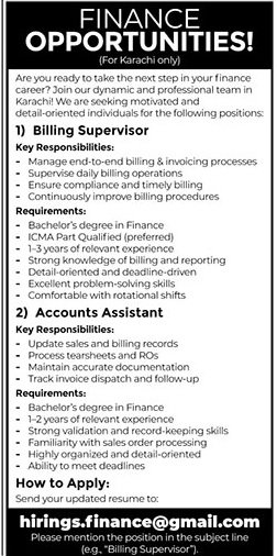 Finance Opportunities in Karachi – Apply Now for Billing Supervisor & Accounts Assistant Roles