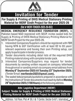 MERF Tender 2025–26: DHIS Medical Stationery Printing – Sindh Project