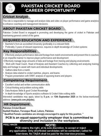 Cricket Analyst Job in Pakistan Cricket Board – Apply Now for 2025 Career Opportunity