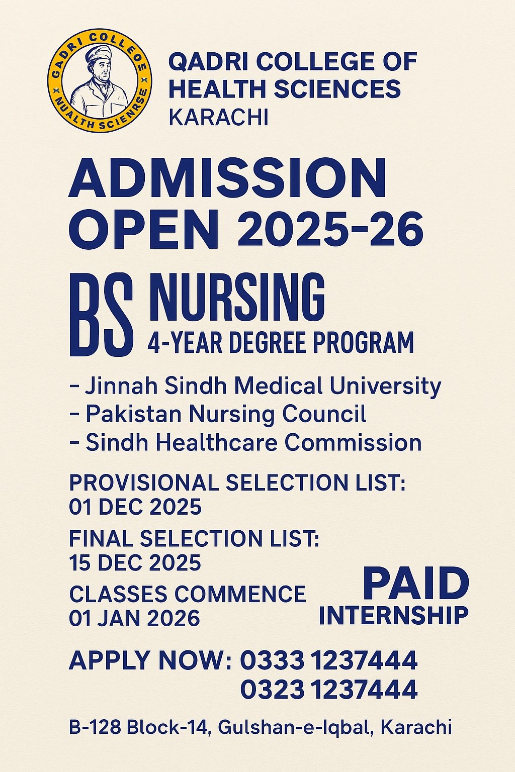 🏥 BS Nursing Admission 2025 Karachi – Apply Now at Qadri College of Health Sciences