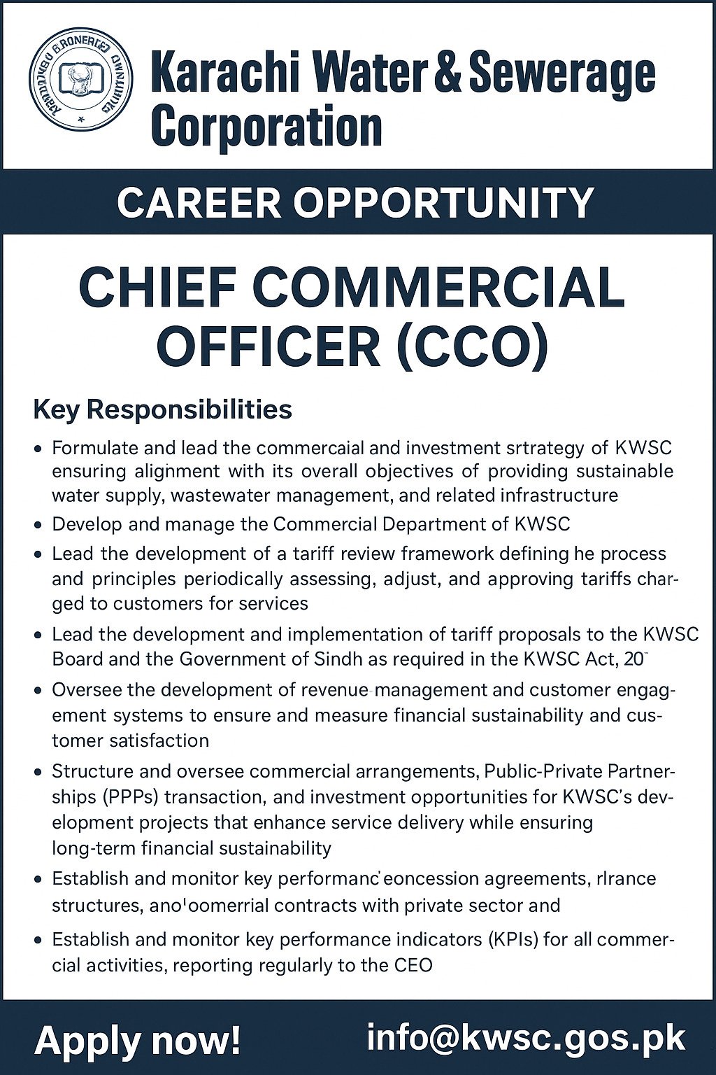 Career Opportunity: Chief Commercial Officer (CCO) – Karachi Water & Sewerage Corporation