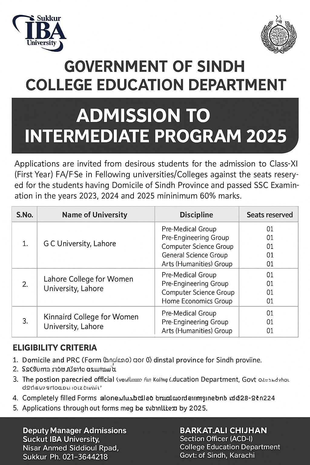 Government of Sindh College Education Department Announces Intermediate Admissions 2025