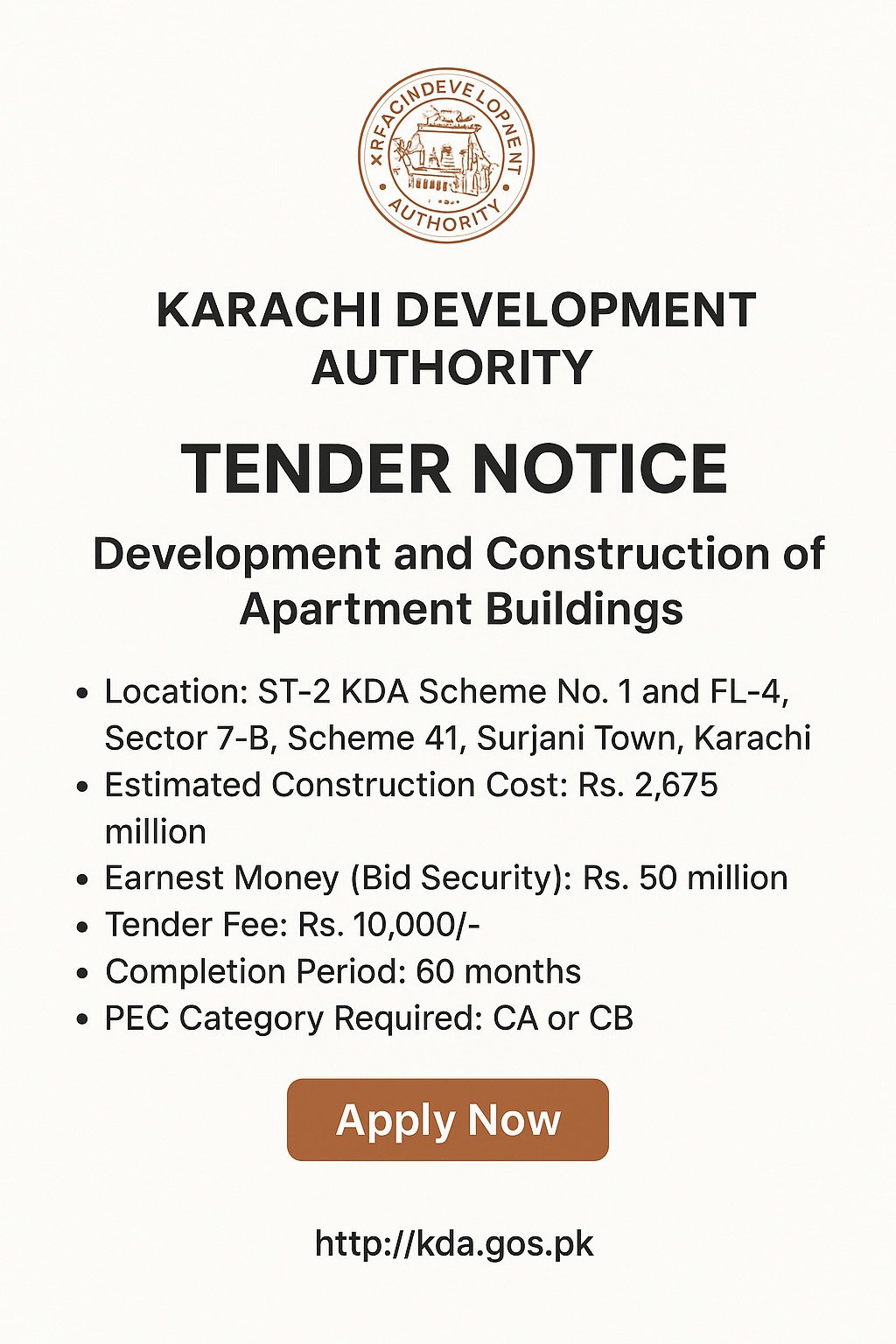 Karachi Development Authority Tender Notice 2025 – Hiring Developers for Apartment Building Projects