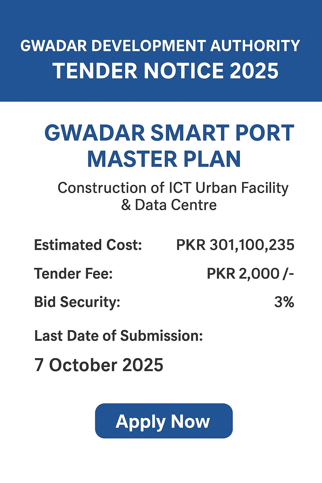 Gwadar Development Authority Tender Notice 2025 – Implementation of Gwadar Smart Port City Master Plan