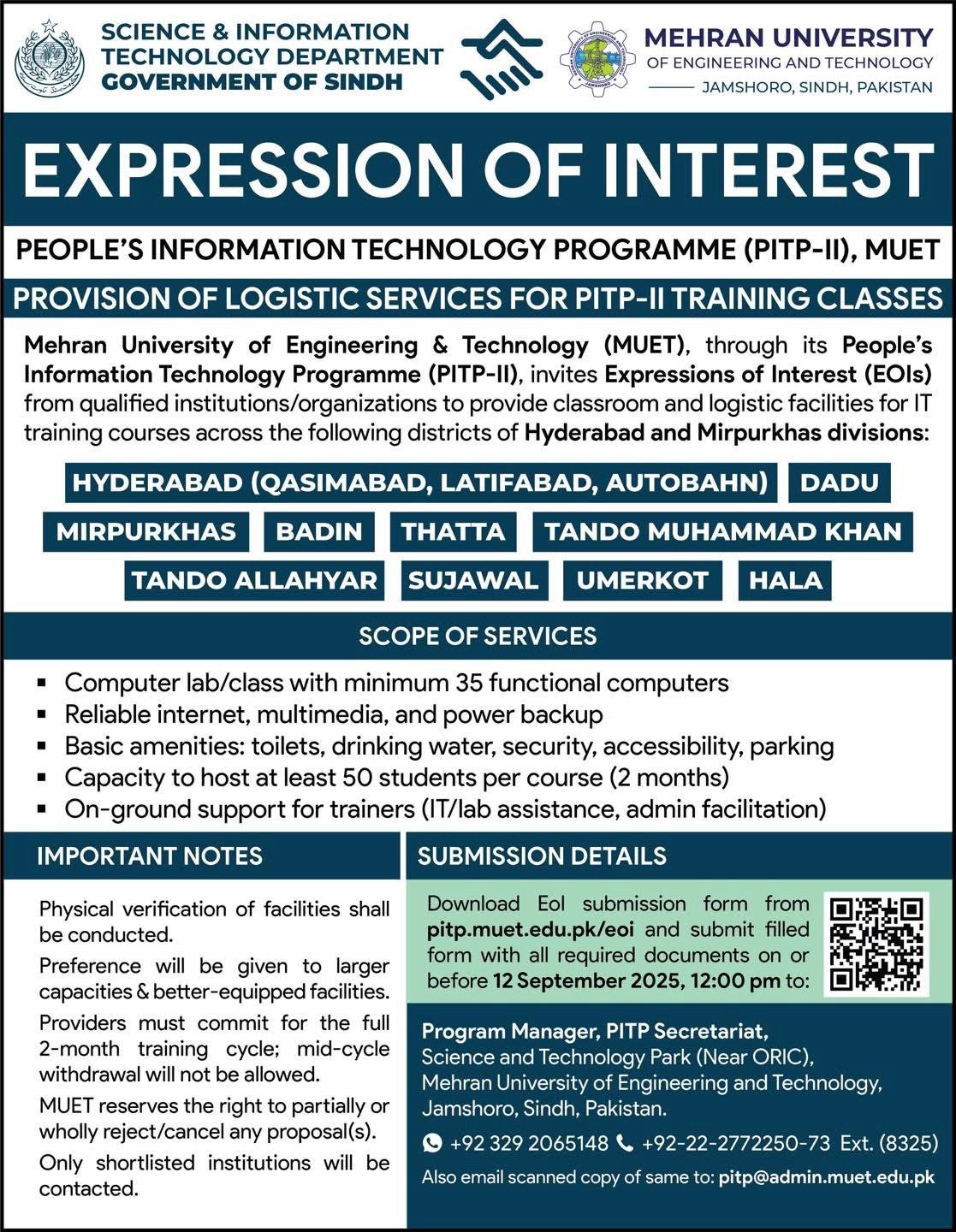 Expression of Interest (EOI) for Logistic Services – People’s Information Technology Programme (PITP-II) by MUET