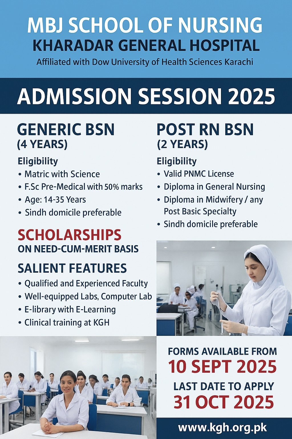 MBJ School of Nursing KGH Karachi opens admissions for BSN programs 2025. Apply now for scholarships, secure hostel, and clinical training. Deadline: Oct 31.