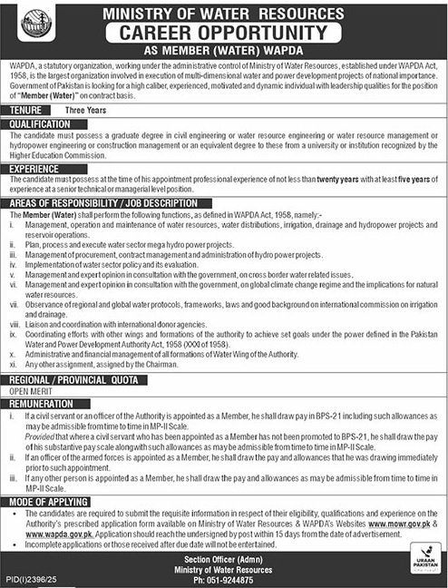 Member (Water) at WAPDA: A Strategic Career Opportunity