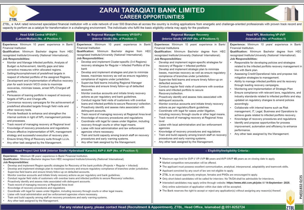 ZTBL Jobs 2025 – Apply Online for Zarai Taraqiati Bank Limited Career Opportunities