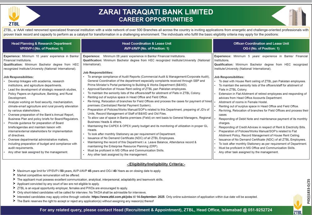 ZTBL Jobs 2025 – Career Opportunities in Zarai Taraqiati Bank Limited