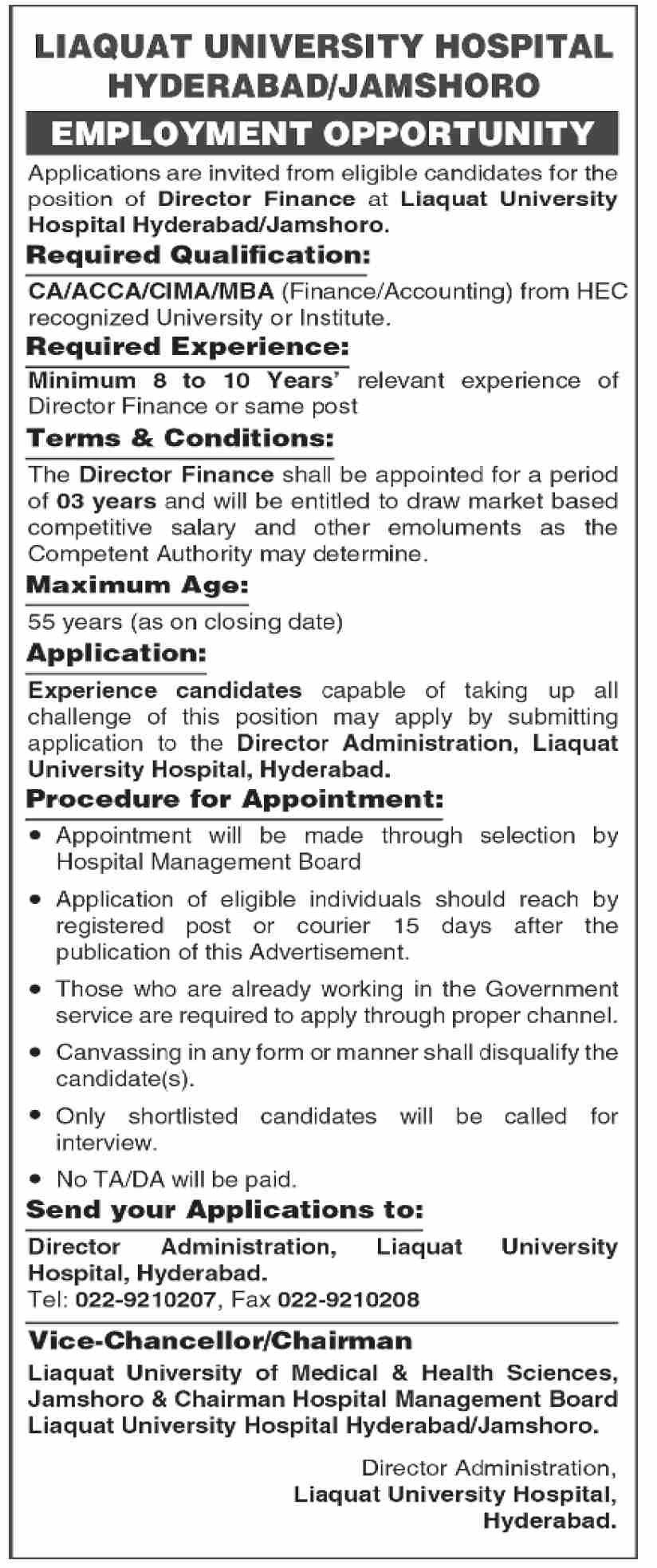 Job Opportunity: Director Finance at Liaquat University Hospital Hyderabad/Jamshoro